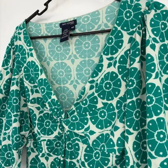 Vintage Max Studio Green Geo Print Babydoll V-Neck Top Size MP 90s y2k - Picture 2 of 8